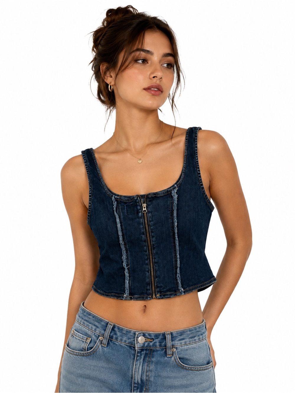 Dark Wash Denim Corset Crop Top Zip Front Y2K Festival